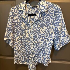 Blue & White Ikat Tie-Front Button-Up Shirt